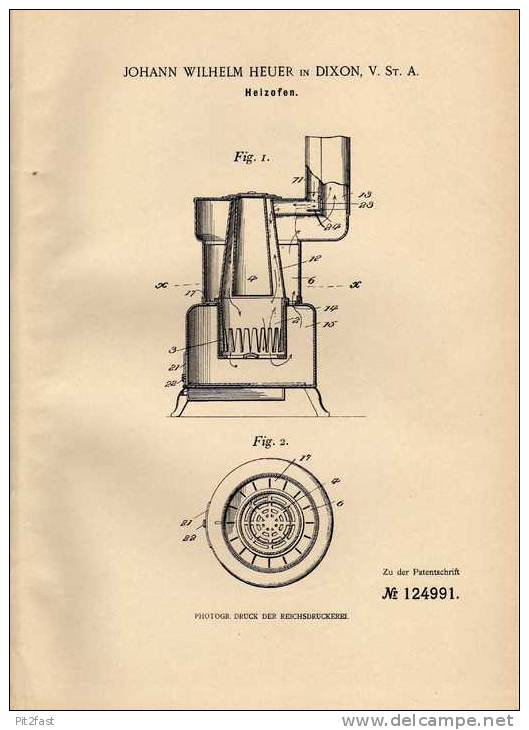 Original Patentschrift - J. Heuer In Dixon , USA , 1901 , Ofen , Kamin , Heizung !!! - Other & Unclassified