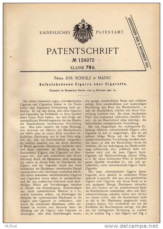 Original Patentschrift - Selbstzündende Cigarre Oder Cigarette , 1901 , J. Scholz In Mainz , Zigarette !!! - Documentos