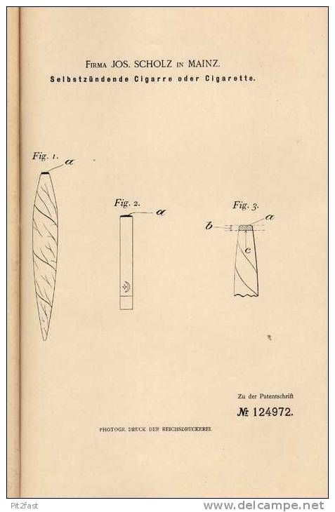 Original Patentschrift - Selbstzündende Cigarre Oder Cigarette , 1901 , J. Scholz In Mainz , Zigarette !!! - Dokumente