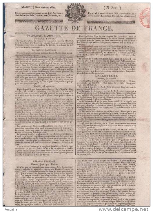 GAZETTE DE FRANCE 04 11 1817 - ETATS UNIS - THEATRE FRANCAIS HAMLET VICTOR - THEATRE ROYAL ITALIEN - PRUSSE - DEPUTES - 1800 - 1849