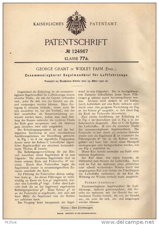 Original Patentschrift - G. Grant In Widley Farm , 1900 , Segel Für Flugzeug , Luftschiff  !!! - Sonstige & Ohne Zuordnung