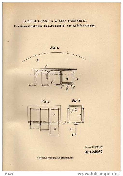 Original Patentschrift - G. Grant In Widley Farm , 1900 , Segel Für Flugzeug , Luftschiff  !!! - Other & Unclassified