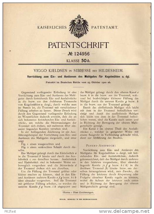 Original Patentschrift - V. Kjeldsen In Sibbesse B. Hildesheim , 1900 , Kugelmühle , Mühle , Müller !!! - Historische Dokumente