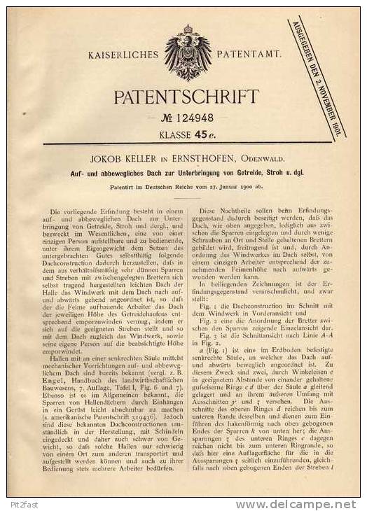 Original Patentschrift - J. Keller In Ernsthofen B. Modautal , Odenwald , 1900 , Dach Für Stroh Und Getreide !!! - Architecture