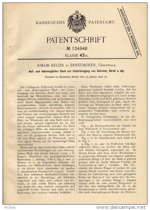 Original Patentschrift - J. Keller In Ernsthofen B. Modautal , Odenwald , 1900 , Dach Für Stroh Und Getreide !!! - Architektur