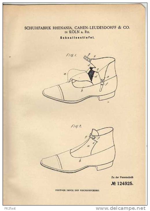 Original Patentschrift - Rhenania Schuhfabrik In Cöln A.Rh., 1901 , Schnallenstiefel , Stiefel !!! - Schuhe