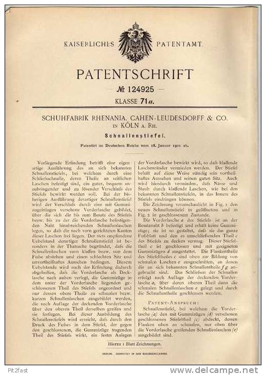 Original Patentschrift - Rhenania Schuhfabrik In Cöln A.Rh., 1901 , Schnallenstiefel , Stiefel !!! - Schoenen