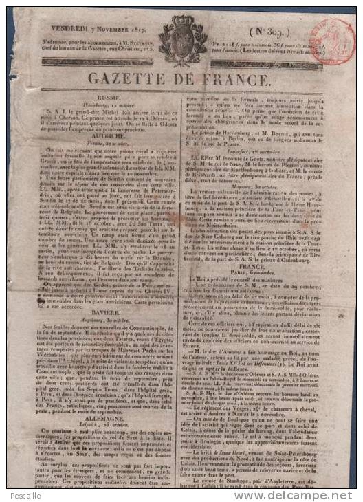 GAZETTE DE FRANCE 07 11 1817 - AUTRICHE - TURQUIE - ALLEMAGNE - TRIBUNAL PREMIERE INSTANCE RENTREE - CHIRURGIE - BRIVE - 1800 - 1849