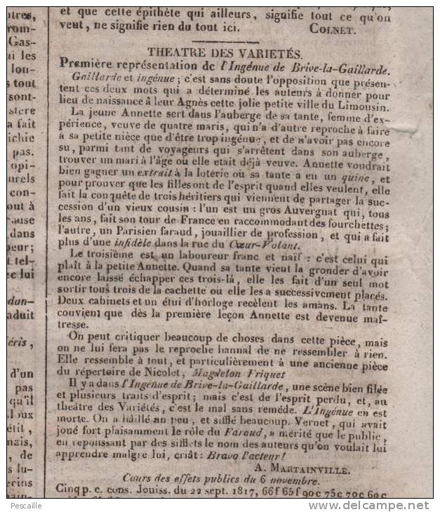 GAZETTE DE FRANCE 07 11 1817 - AUTRICHE - TURQUIE - ALLEMAGNE - TRIBUNAL PREMIERE INSTANCE RENTREE - CHIRURGIE - BRIVE - 1800 - 1849