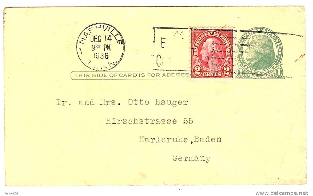 REF LPP6 - U.S.A. - EP CP TB COLLAGE PRIVE AU VERSO VOYAGEE NASHVILLE / KARLSRUHE 14/12/1936 - 1921-40