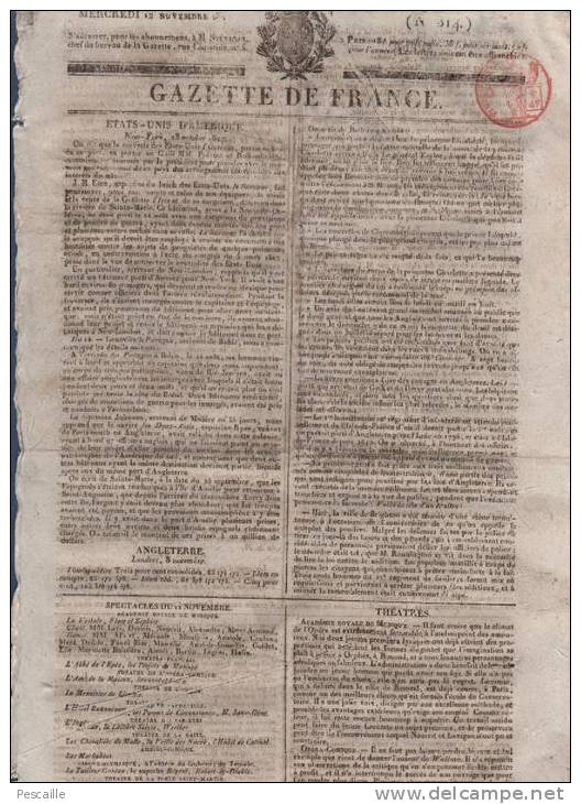 GAZETTE DE FRANCE 12 11 1817 - LONDRES BRIGHTON - NEW YORK - THEATRES - CONSEILS GENERAUX DEPARTEMENTS - SAXE - DEPUTES - 1800 - 1849