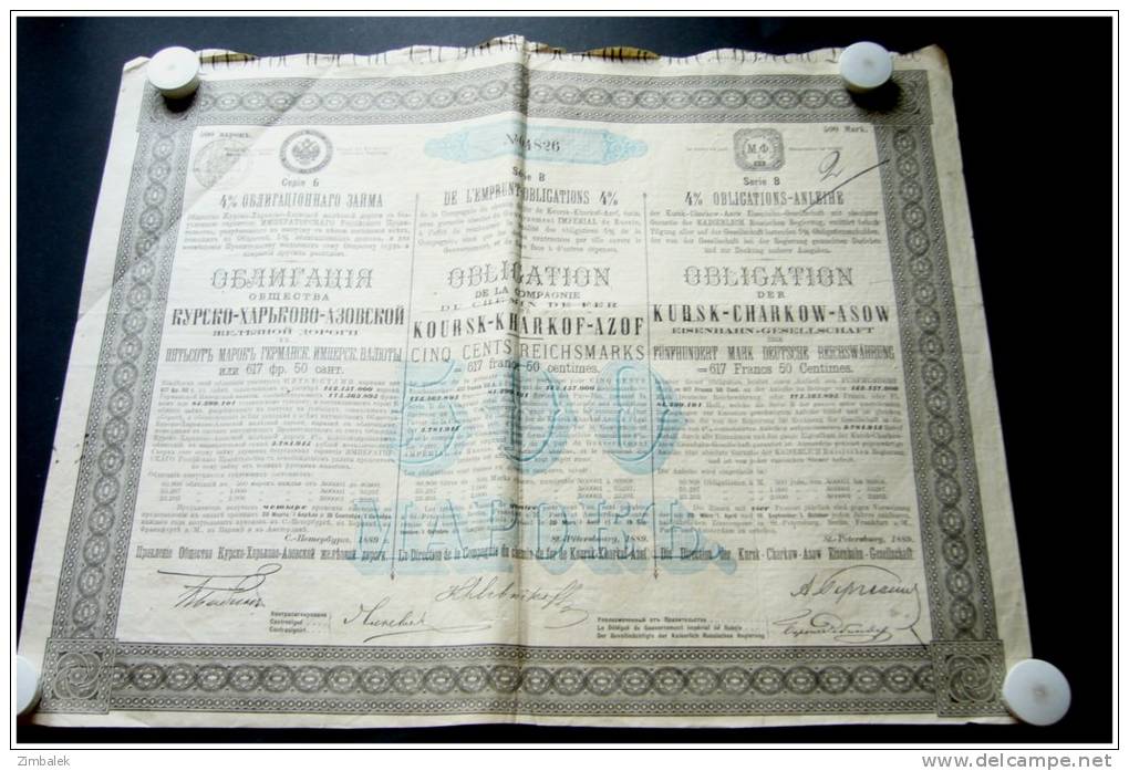 EMPRUNT-OBLIGATION 5 % 1889 - DE LA COMPAGNIE DES CHEMINS DE FER KOURSK-KARKOFF-AZOF - Russland
