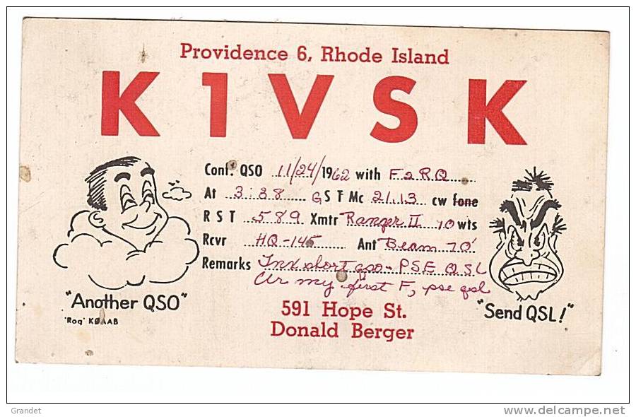 CARTE RADIO QSL - U.S.A. - RHODE ISLAND - 1965. - Radio Amateur