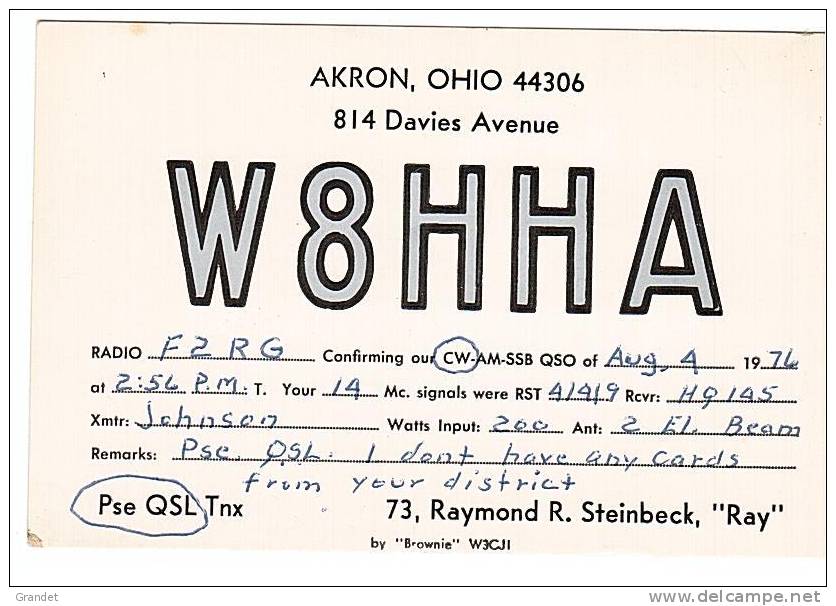 CARTE RADIO QSL - U.S.A. - OHIO - AKRON - 1976. - Radio Amateur