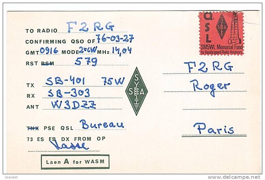 CARTE RADIO QSL - SUEDE - VALLENTUNA - 1976. - Radio Amateur