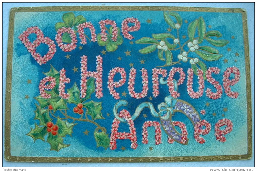 Carte Gauffrée Bonne Et Heureuse Année Houx Fer A Cheval - Nouvel An