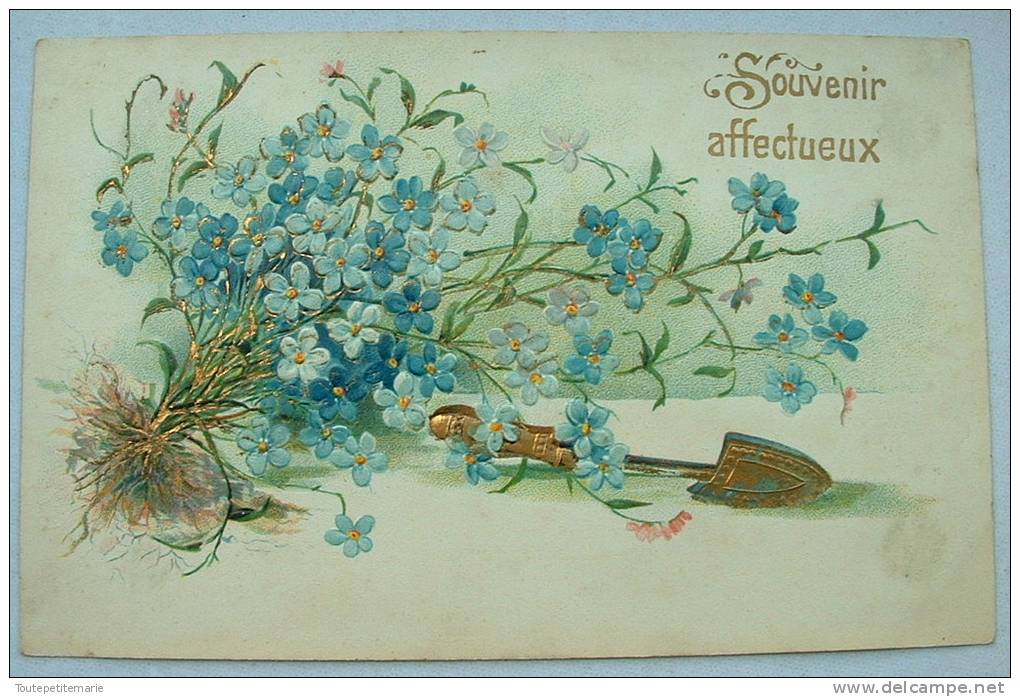 Carte Gauffrée Souvenir Affectueux Fleurs Bleues - Autres & Non Classés