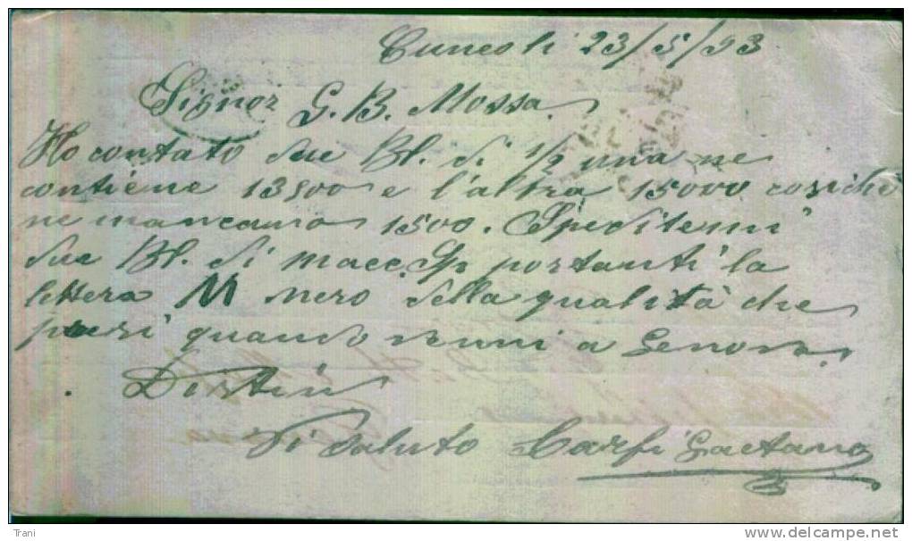 CUNEO - GENOVA  - Anno 1893 - Interi Postali