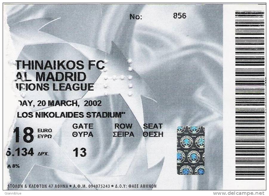 Panathinaikos Vs Real Madrid/Football/UEFA Champions League Match Ticket - Tickets D'entrée