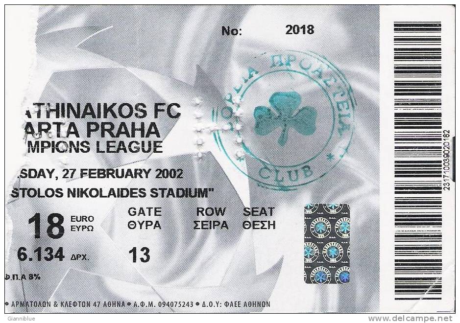 Panathinaikos Vs Sparta Praha/Football/UEFA Champions League Match Ticket - Eintrittskarten