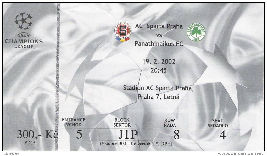 AC Sparta Praha Vs Panathinaikos/Football/UE FA Champions League Match Ticket - Tickets D'entrée