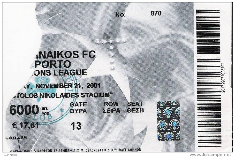 Panathinaikos Vs FC Porto/Football/UEFA Champions League Match Ticket - Biglietti D'ingresso