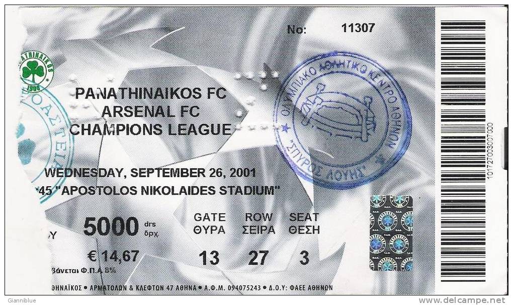 Panathinaikos Vs Arsenal FC/Football/UEFA Champions League Match Ticket - Eintrittskarten