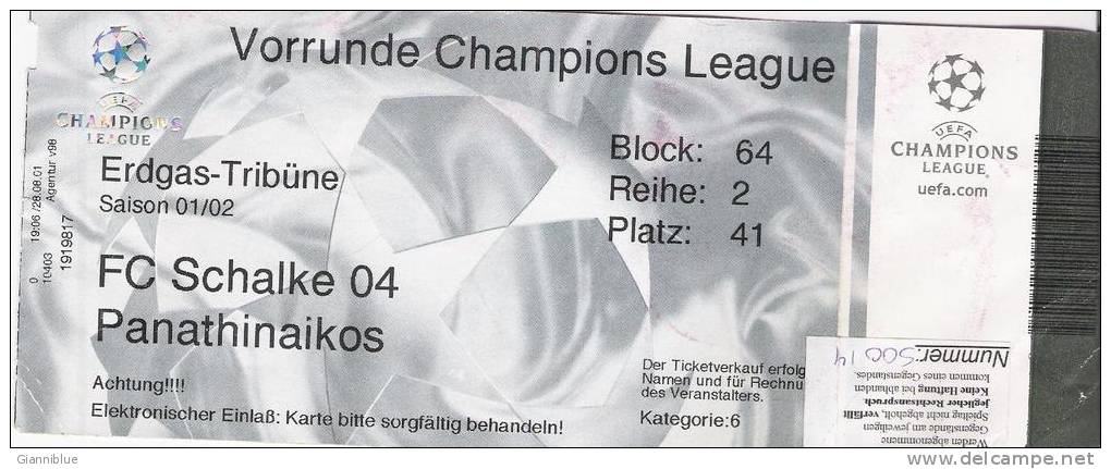 FC Schalke 04 Vs Panathinaikos/Football/UE FA Champions League Match Ticket - Tickets D'entrée