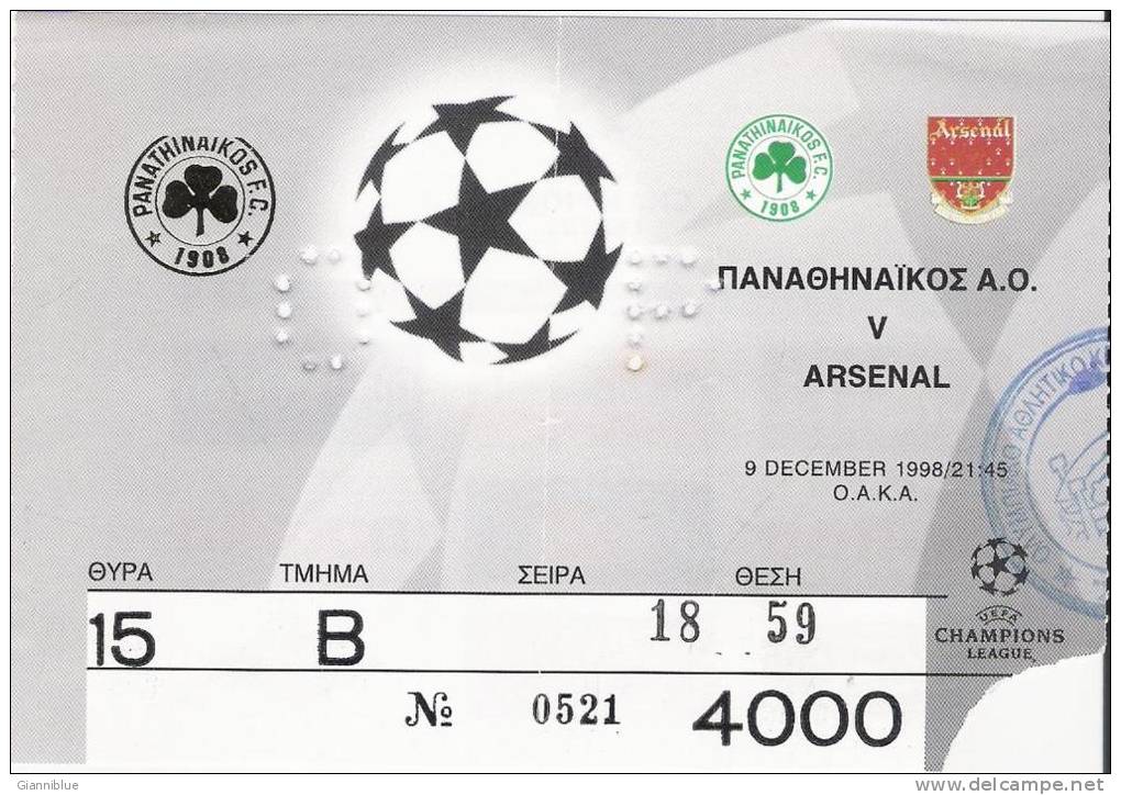 Panathinaikos-Arsenal UEFA Champions League Football Soccer Match Ticket Stub 09/12/1998 - Eintrittskarten