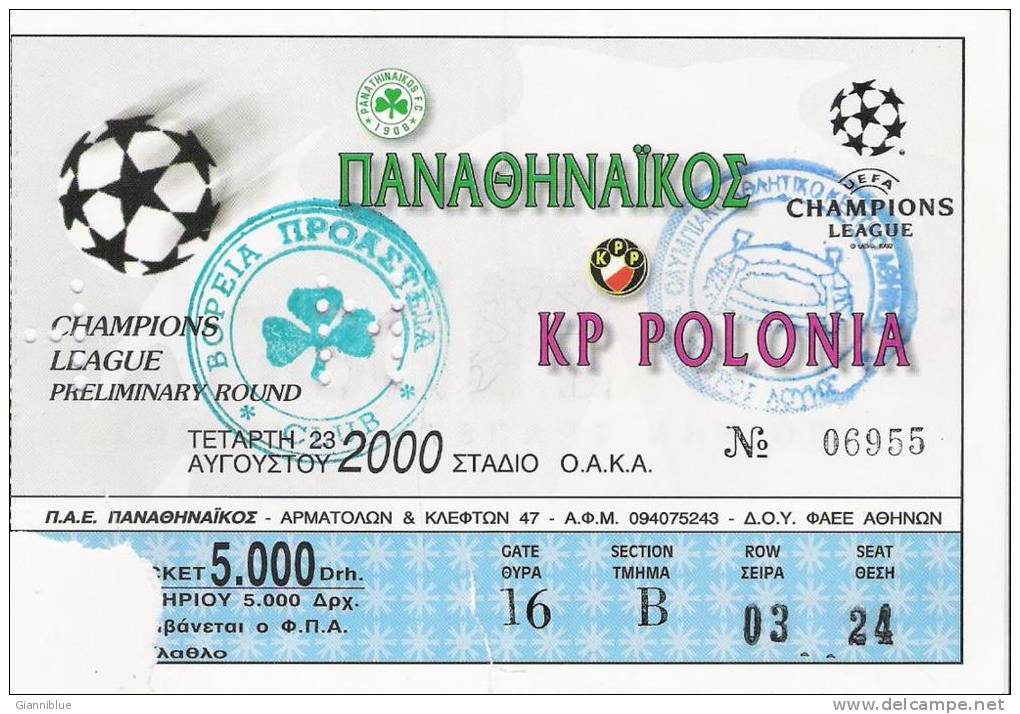 Panathinaikos-KP Polonia UEFA Champions League Football Soccer Match Ticket Stub 23/08/2000 - Tickets D'entrée