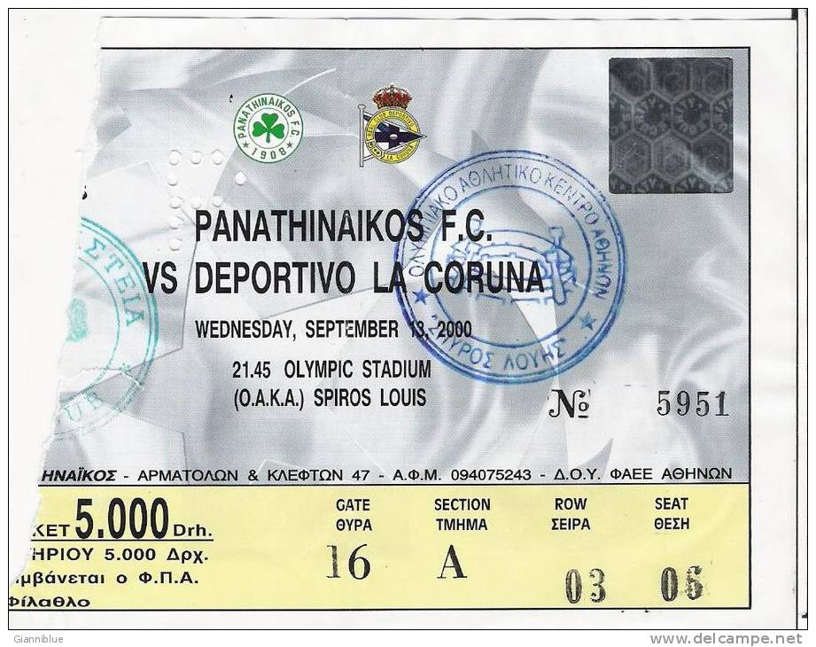 Panathinaikos Vs Deportivo La Coruna/Football/UEFA Champions League Match Ticket - Tickets D'entrée