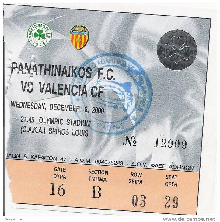 Panathinaikos Vs Valencia CF/Football/UEFA Champions League Match Ticket - Eintrittskarten