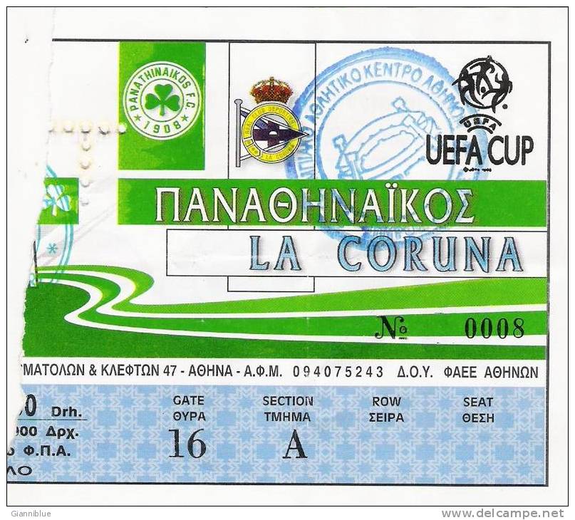 Panathinaikos Vs Deportivo La Coruna/Football/UEFA Cup Match Ticket - Tickets & Toegangskaarten