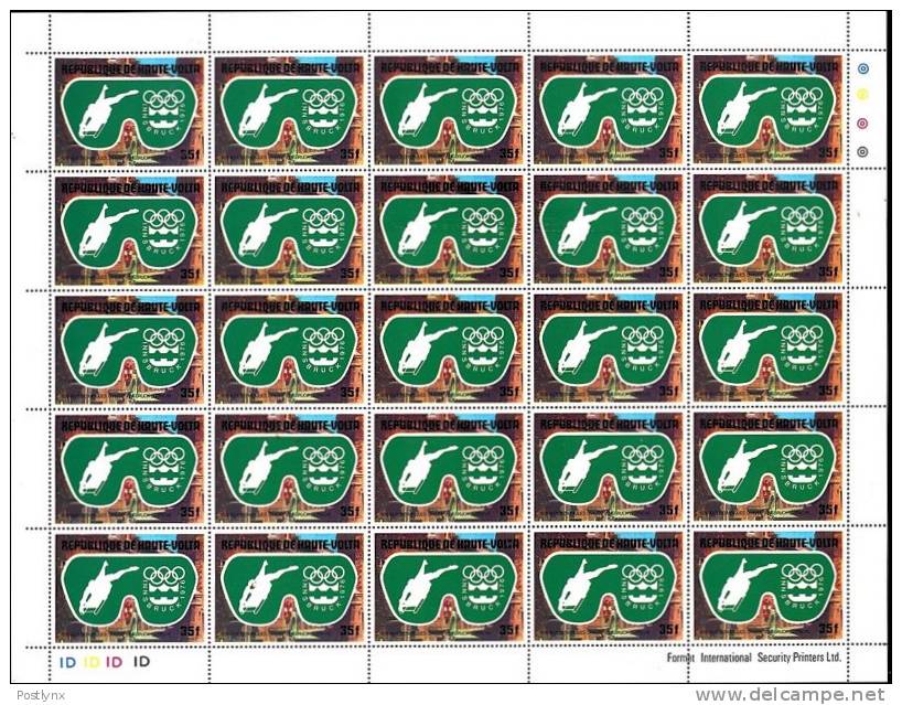 CV:€25.00 BULK:2x =50 Stamps. Upper Volta 1975. OLYMPICS Innspruck.sledge 35c. COMPLETE SHEET:25 Stamps Full Pane - Winter 1976: Innsbruck