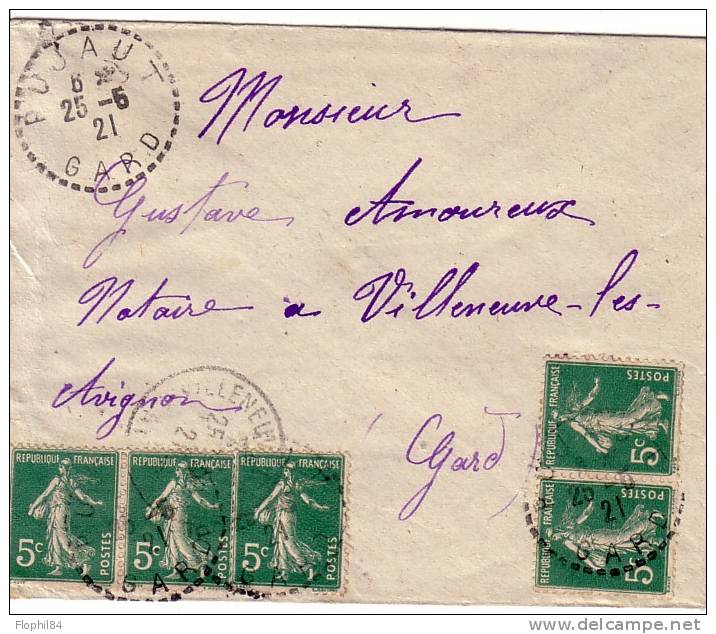 GARD-PUJAUT 25-5-1921 SUR 5 X 5C SEMEUSE VERTE. - Handstempels