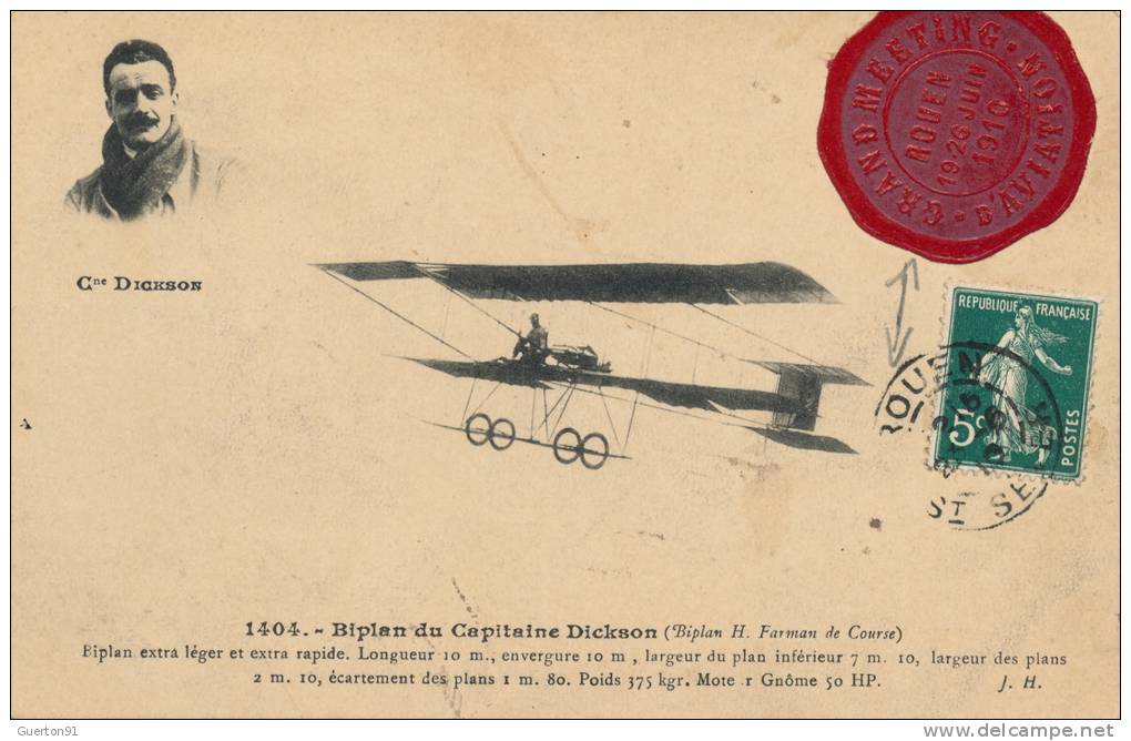 ( CPA AVIONS )  Biplan Du Capitaine DICKSON - ( Biplan H.FARMAN De Course )  ROUEN 19 / 26 JUIN 1910  - - Meetings