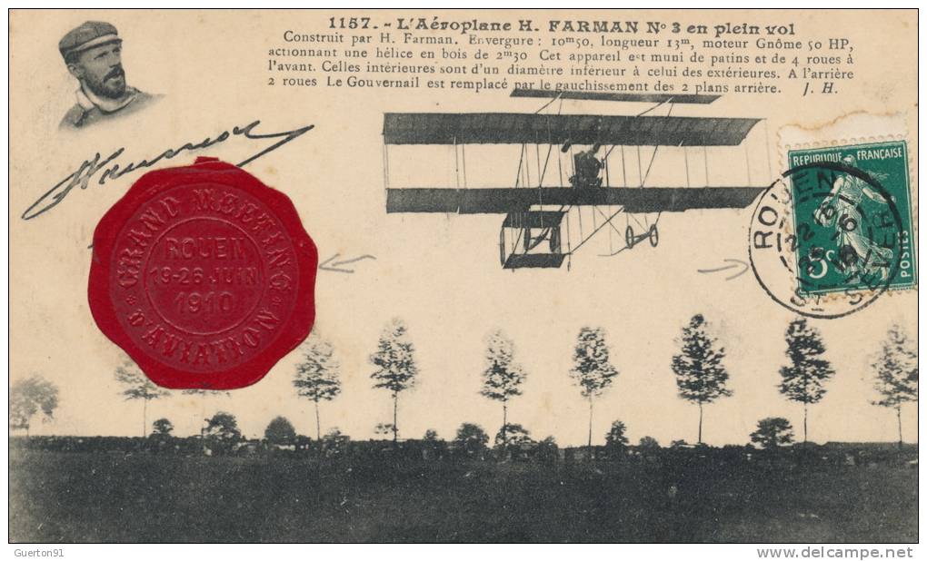 ( CPA AVIONS )  L'Aéroplane H.FARMAN N°3 En Plein Vol  /  ROUEN 19 / 26 JUIN 1910  - - Demonstraties