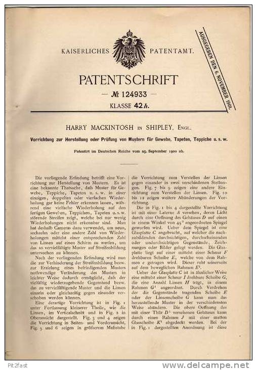 Original Patentschrift - H. Mackintosh In Shipley , 1900 , Muster Für Teppich , Gewebe , Tapete !!! - Tools