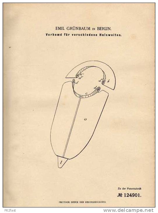 Original Patentschrift - Vorhemd Für Verschiedene Halsweiten , 1900 , E. Grünbaum In Berlin !!! - 1900-1940