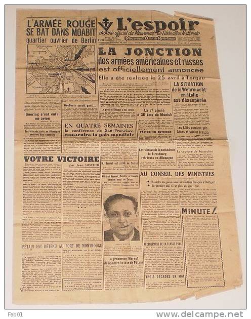 Journal L'Espoir Du 28-29 Avril 1945(vitraux De La Cathédrale De Strasbourg). - Französisch