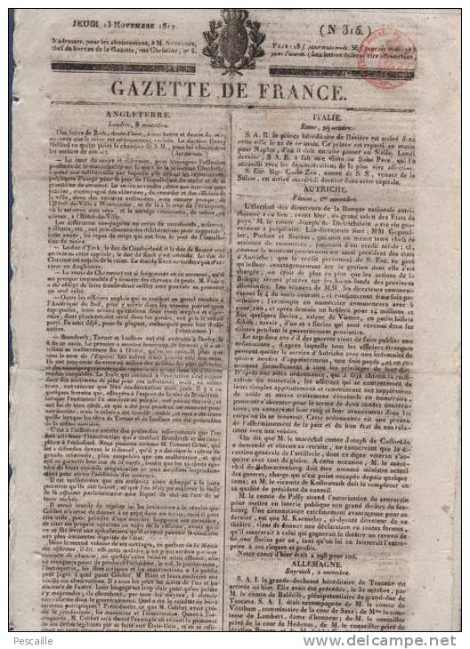 GAZETTE DE FRANCE 13 11 1817 - LONDRES DERBY - VIENNE - NUREMBERG - GAND - CARACTERE DES FEMMES - CHAMBRE DES DEPUTES - 1800 - 1849