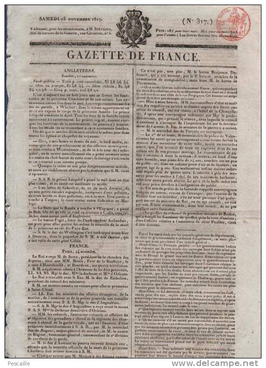 GAZETTE DE FRANCE 15 11 1817 - LONDRES - HAUT RHIN - BAS RHIN - ETAT MAJOR MILITAIRE - CHAMBRE DES DEPUTES - 1800 - 1849