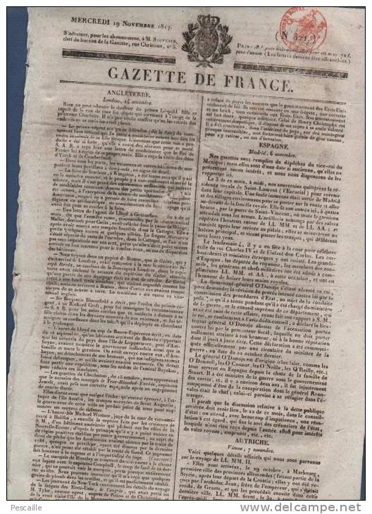 GAZETTE DE FRANCE 19 11 1817 - LONDRES - MADRID - MARBOURG - CHAMBRE DES DEPUTES - VAUDEVILLE - 1800 - 1849