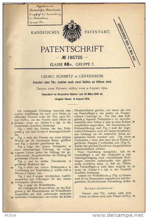 Original Patentschrift - G. Schmitz In Gerresheim , 1906 , Zweiseitig öffnendes Fenster , Fensterbau , Düsseldorf !!! - Architecture