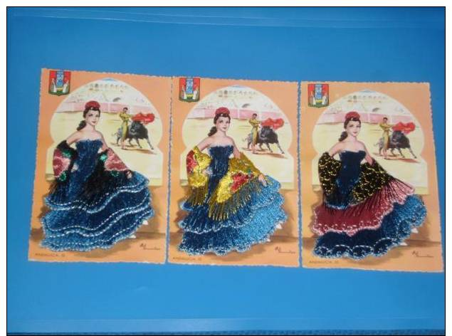 3 Cartes Fantaisies Brodee Tissu Femme Andalucia N 52 - Brodées