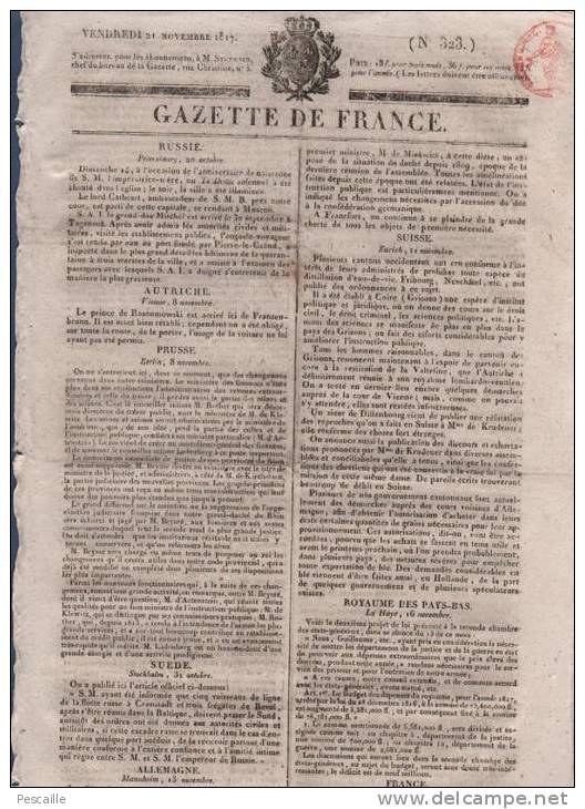 GAZETTE DE FRANCE 21 11 1817 - PRUSSE - SUISSE - ETATS MAJORS - BALTIMORE - PARIS BOUTIQUES - P.F. DE REMUSAT PRISON - 1800 - 1849