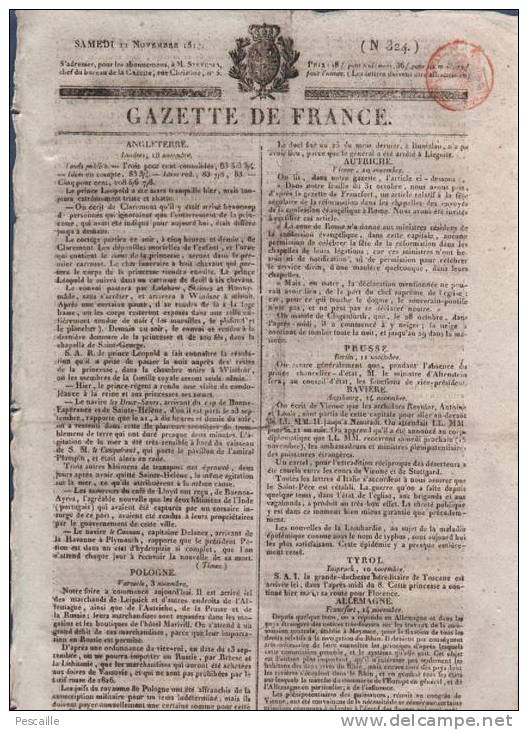 GAZETTE DE FRANCE 22 11 1817 - LONDRES - VARSOVIE - NAVIGATION RHIN - MAURICE DE BROGLIE EVEQUE DE GAND - MARINE - - 1800 - 1849