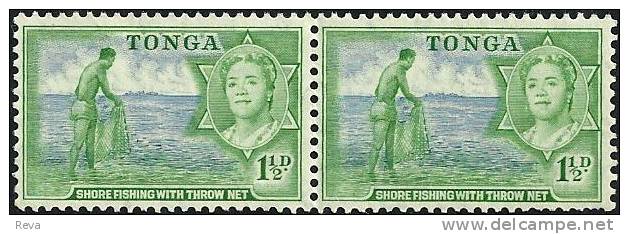 TONGA FISHERMAN GREEN QUEEN 2X 1&1/2P 1960(?) MINT SG102 READ DESCRIPTION !!! - Tonga (1970-...)