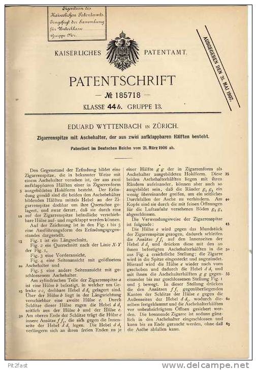 Original Patentschrift - E. Wyttenbach In Zürich , 1906 , Zigarrenspitze Mit Aschehalter , Cigarre , Zigarre !!! - Contera