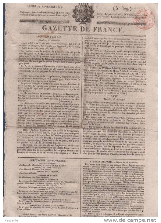 GAZETTE DE FRANCE 27 11 1817 - LONDRES - SAXE - ATHENEE DE PARIS - SUISSE - ALBI - LE CONFISEUR MODERNE OU ART DU - 1800 - 1849